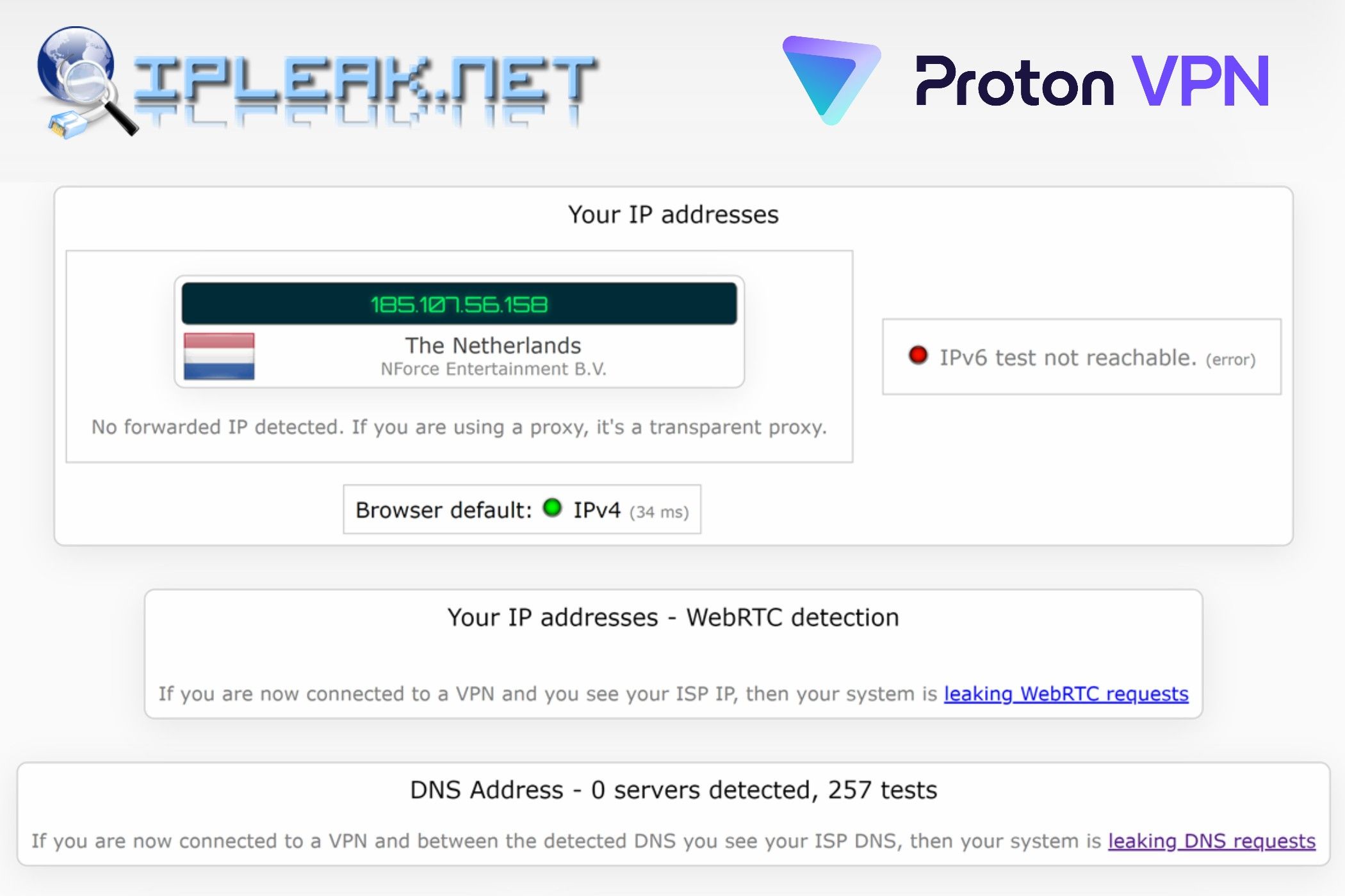 Resultados de la prueba de fugas de ProtonVPN