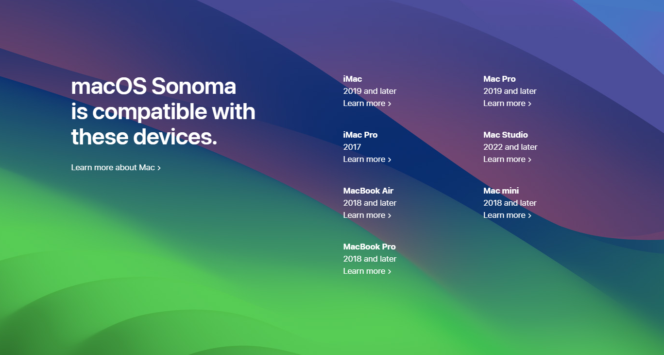 Список, показывающий устройства, поддерживаемые macOS Sonoma.