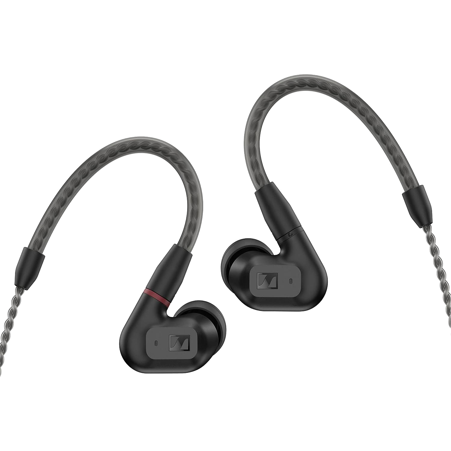 Sennheiser IE 200 Wired Earbuds in black shown on a transparent background.