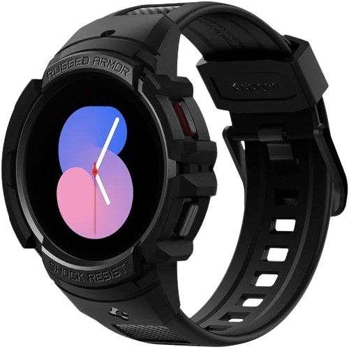 A render showing the Spigen Rugged Armor Pro for Galaxy Watch 5 Pro in black color.