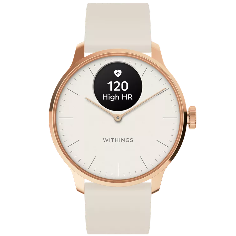 A Withings ScanWatch Light in white and gold seen from the front showing the watch's face.