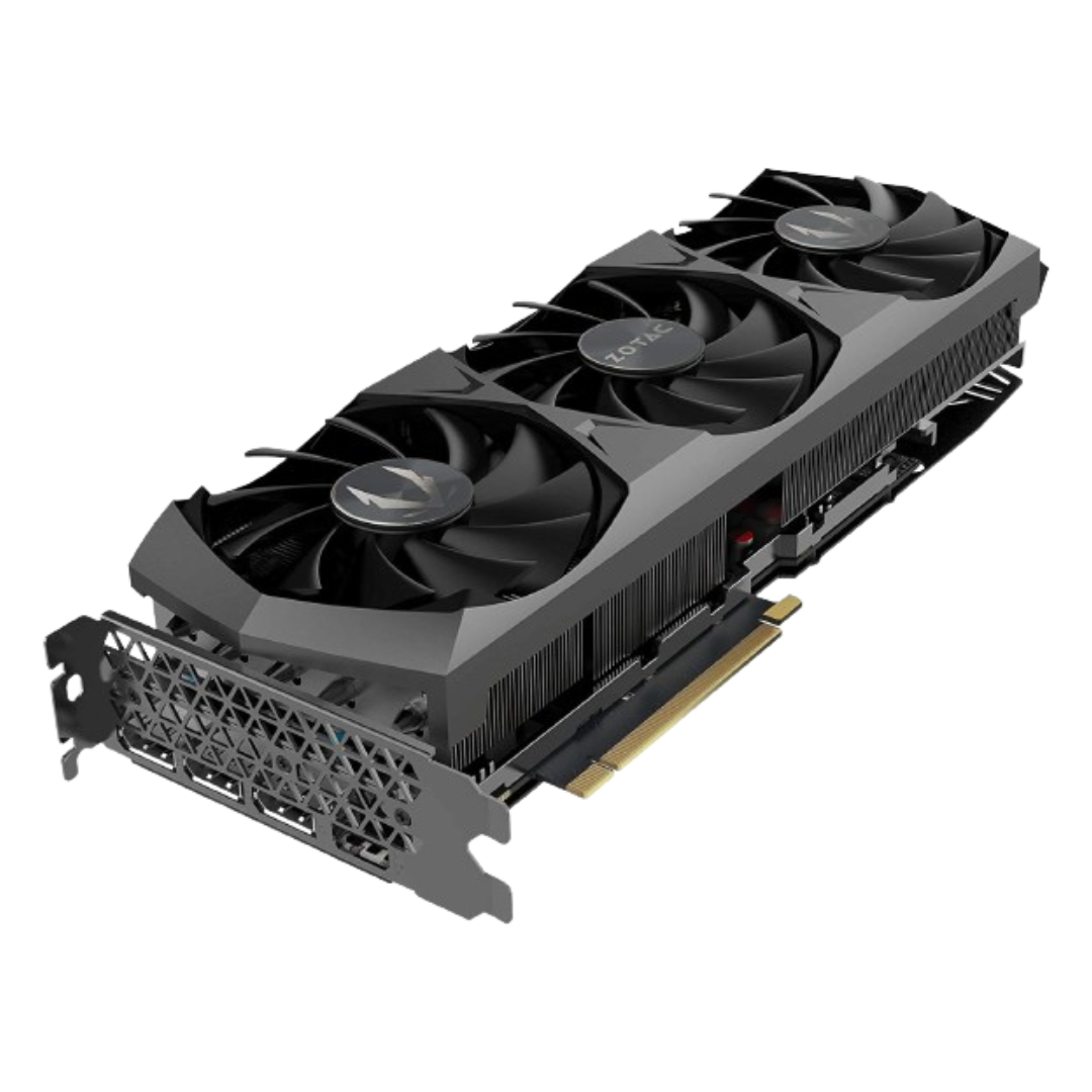 render of zotac gaming geforce rtx 3090 trinity oc graphics card seen from an angle