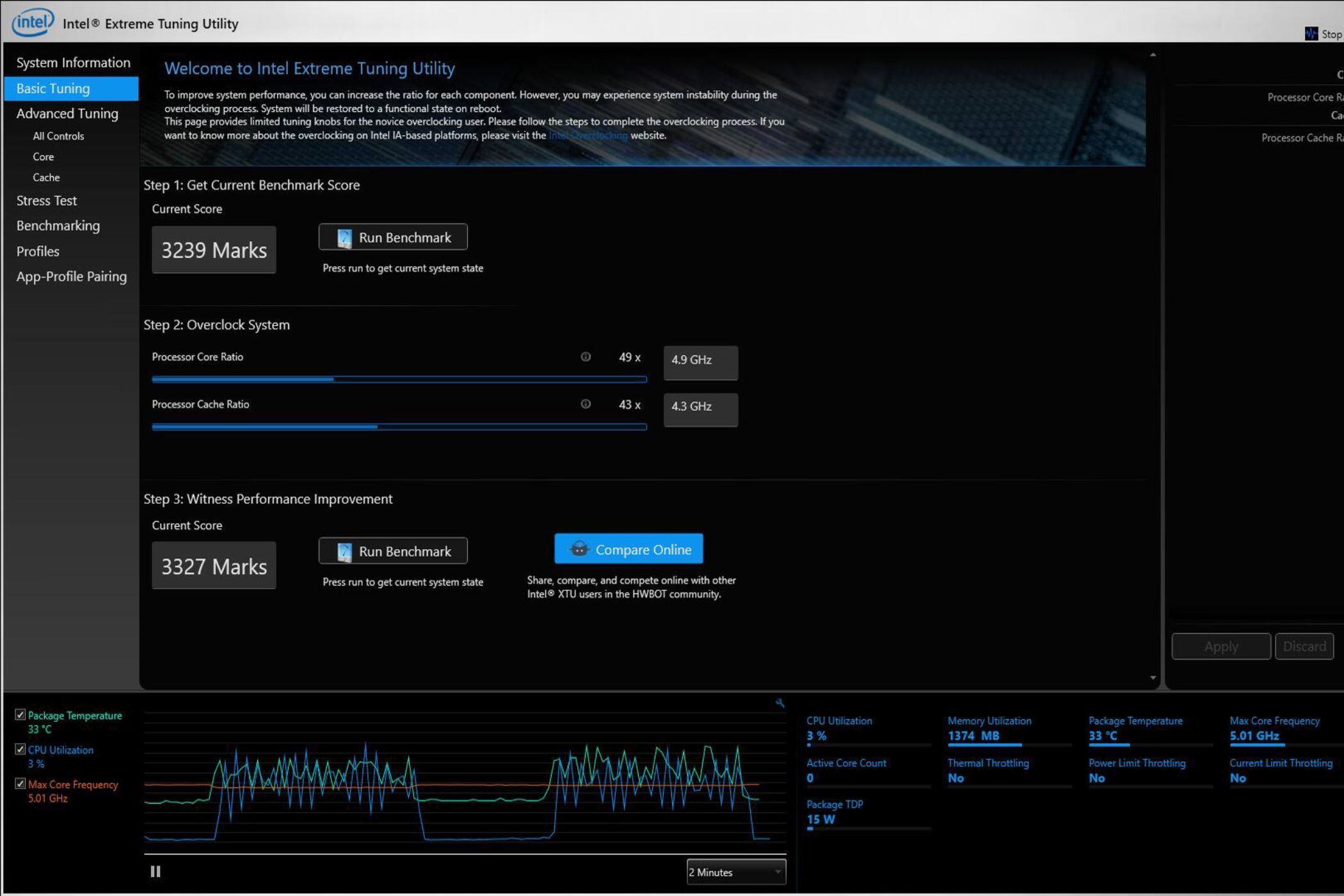 A screenshot showing the Basic tuning in Intel Extreme Utility tool.