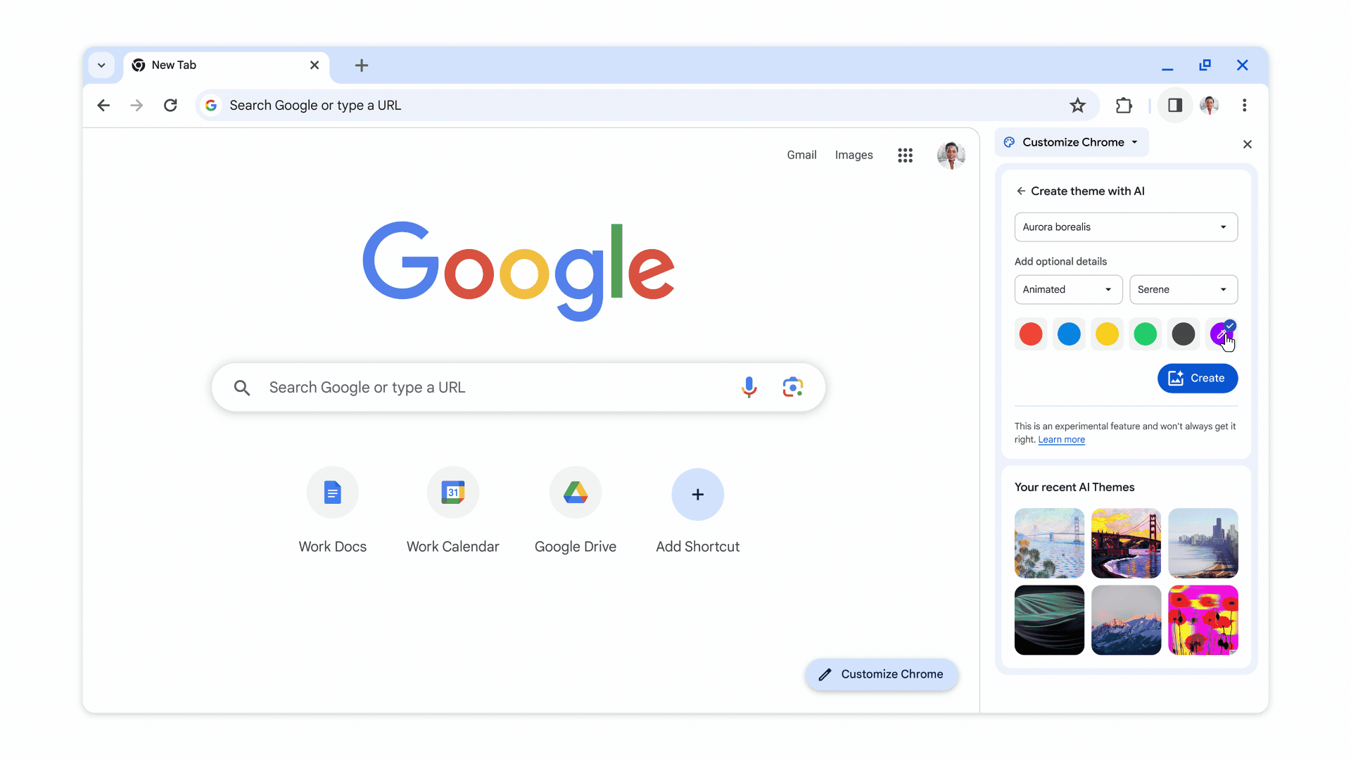 Una animación muestra cómo crear temas personalizados. El panel lateral de Chrome muestra la opción “crear tema con IA”. “Aurora boreal”, “animado” y “sereno” se seleccionan en los menús desplegables y un cursor selecciona “Crear”. Aparecen las opciones de tema y se selecciona una.