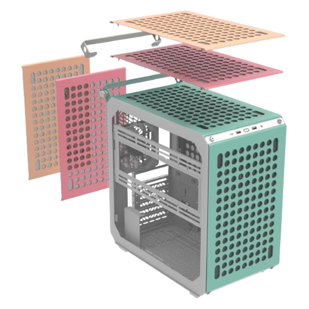 Representación del Cooler Master Qube 500 mostrado en despiece con tres opciones de color