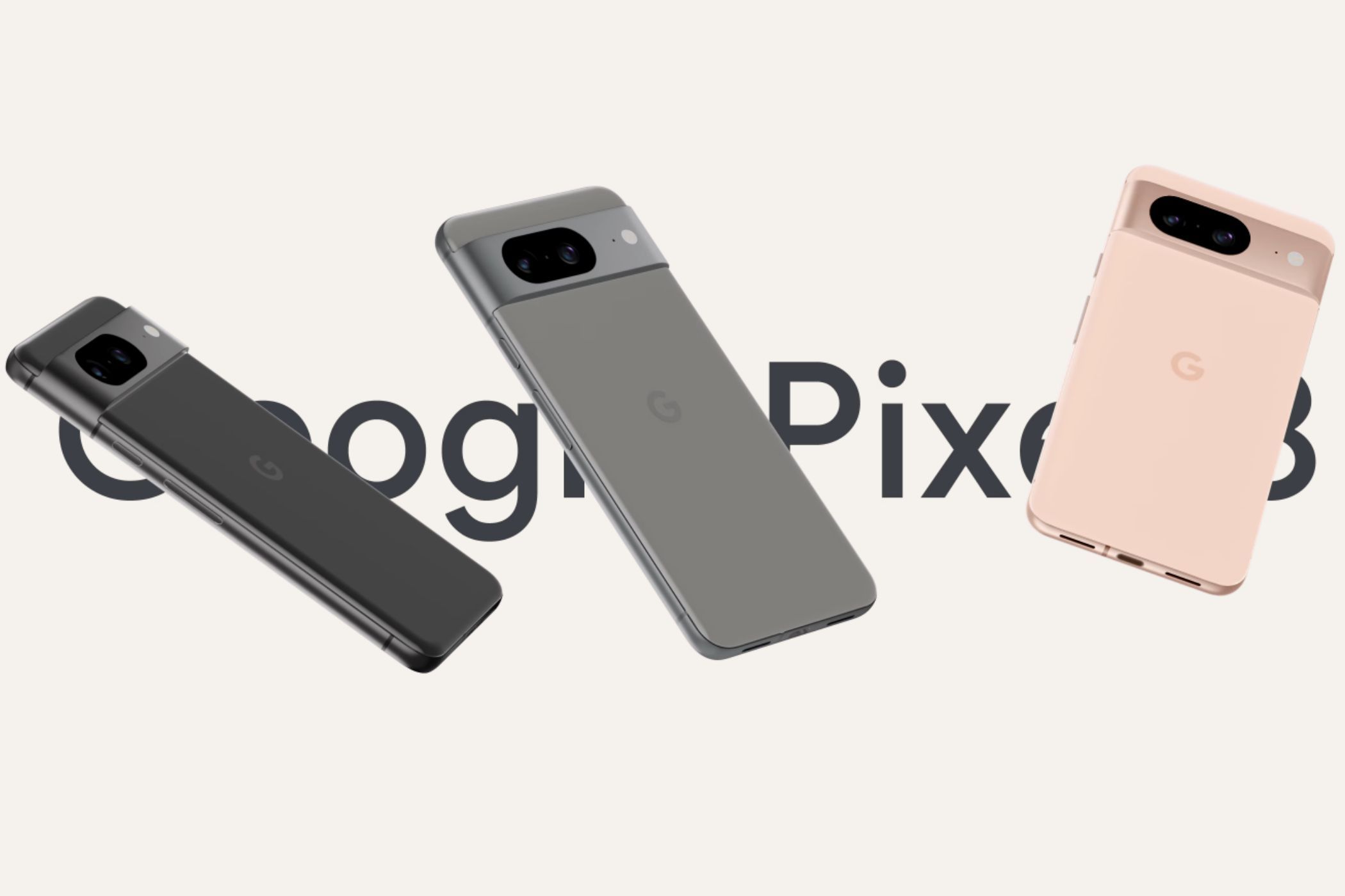 An image showing all the official colors of the Google Pixel 8 colors with the phone's branding in the background.