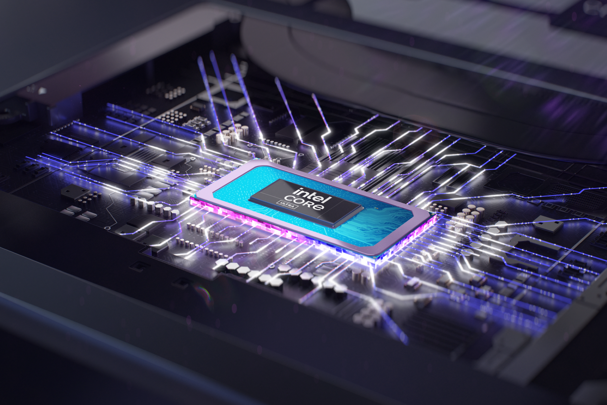A rendering of an Intel Core Ultra CPU inside of a laptop