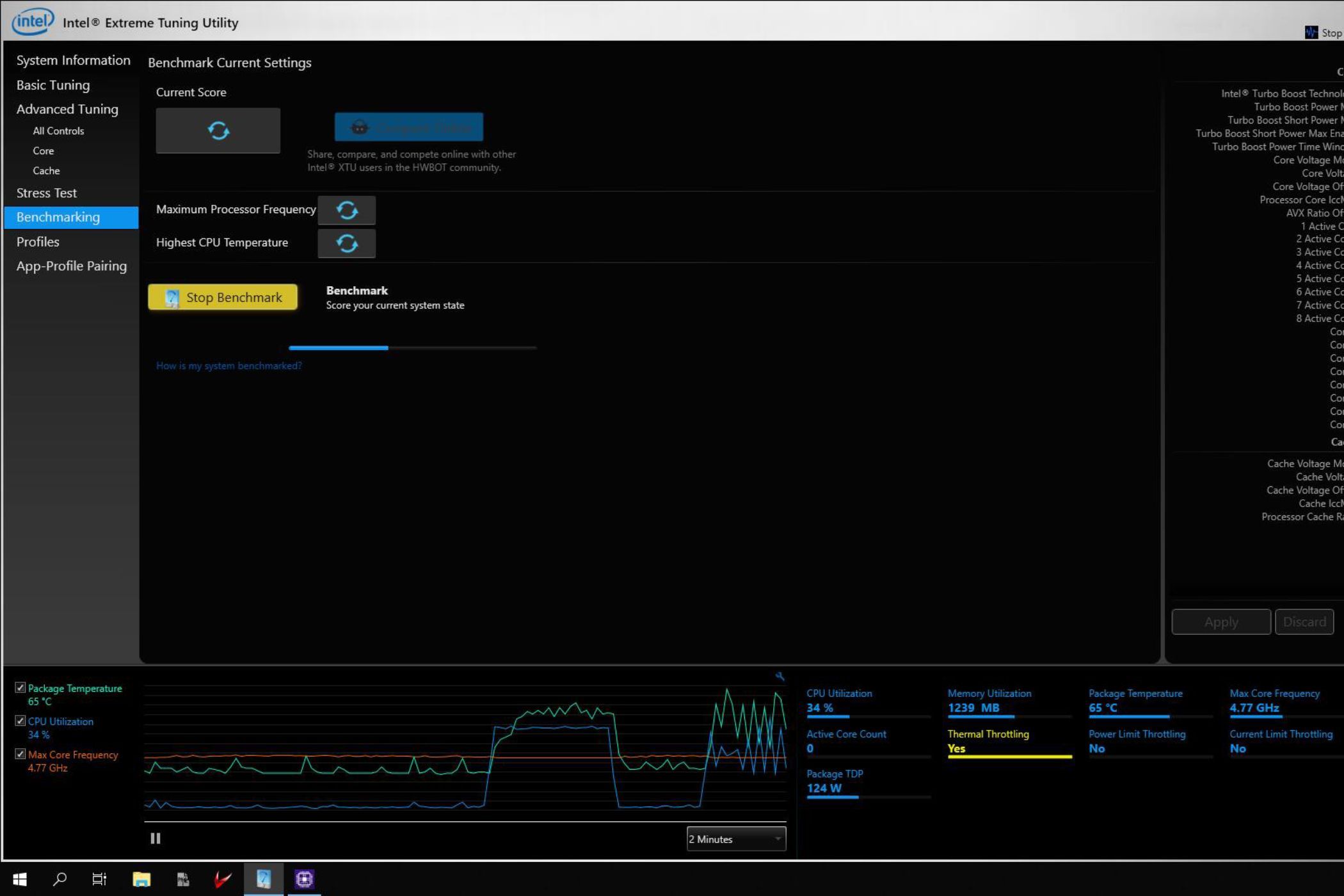 A screenshot showing the Intel Extreme tuning utility running a basic benchmark.