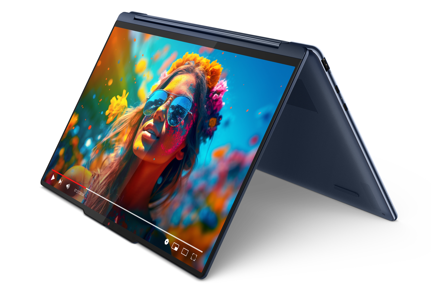 Front-side image of the Lenovo Yoga 9i 2-in-1 (Cosmic Blue) in tent mode
