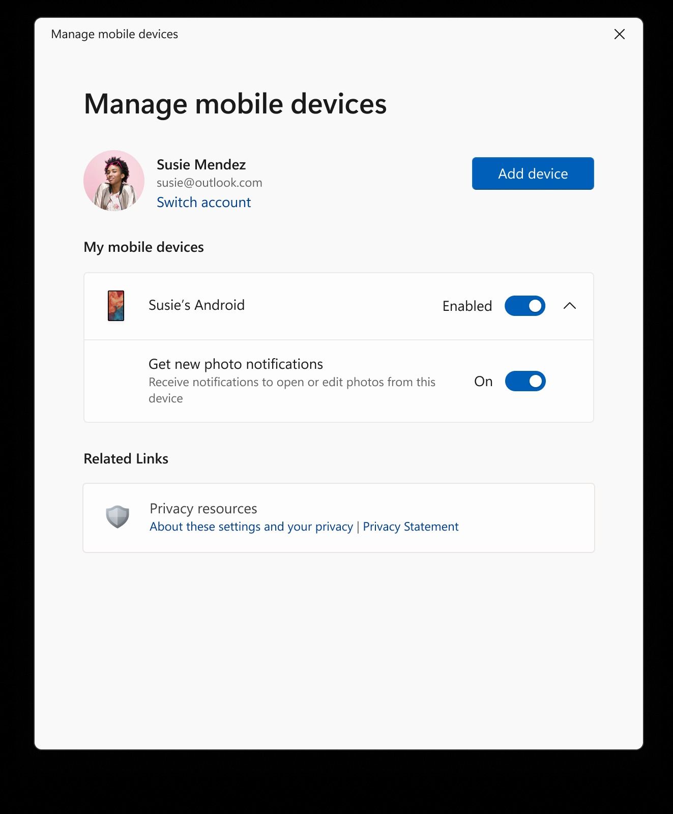 Screenshot of a WIndows 11 dialog allowing users to manage connected mobile devices