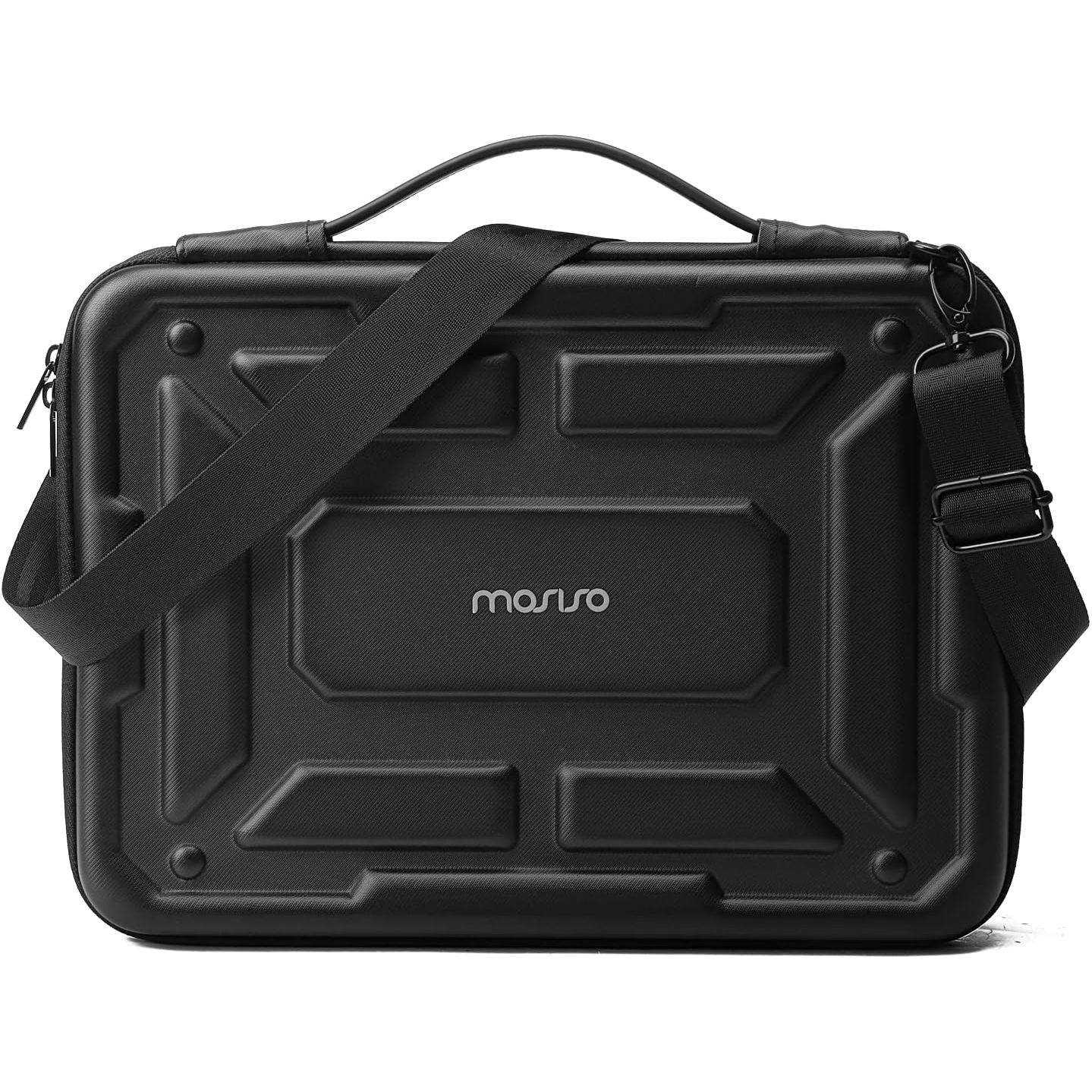 A black MOSISO Rugged Laptop Shoulder Bag seen from the front showing the textured surface.