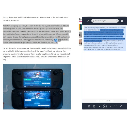 Interfaz en línea de texto a voz Readme que muestra texto resaltado con botones de control