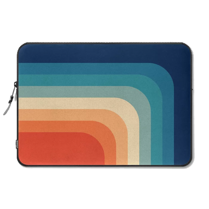 A Society6 Retro 70s Color Palette III Laptop Sleeve showing the front with a red, orange, and blue graident radiating from the bottom-left corner.