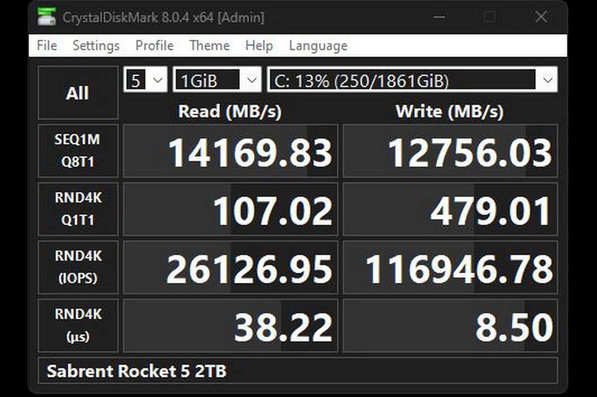 Скриншот твердотельного накопителя Sabrent Rocket 5 CrystalDiskMark, демонстрирующий сверхвысокую скорость чтения и записи.