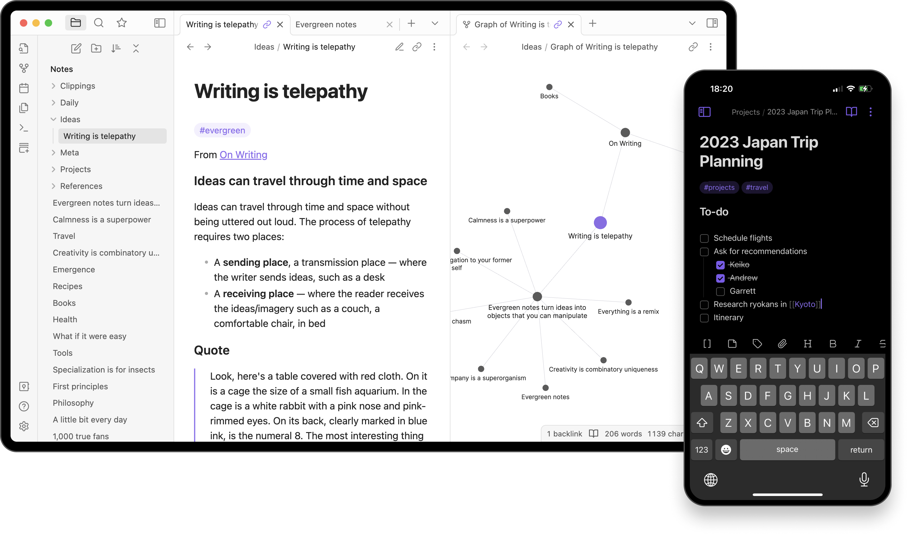 Una captura de pantalla que muestra la interfaz de usuario de una aplicación para tomar notas y organizarse en diferentes dispositivos, resaltando características como notas permanentes, listas de verificación de tareas y una vista gráfica de ideas interconectadas.