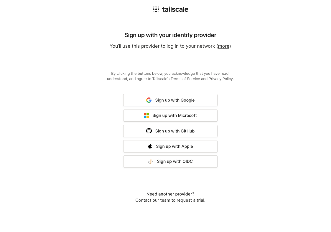 Una captura de pantalla de la página de registro del proveedor de identidad de Tailscale.