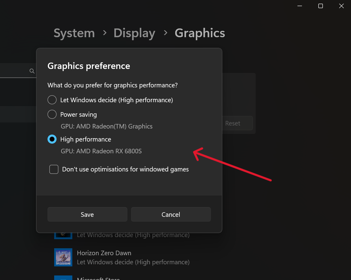 La aplicación Configuración en Windows 11 que muestra opciones gráficas para un juego.