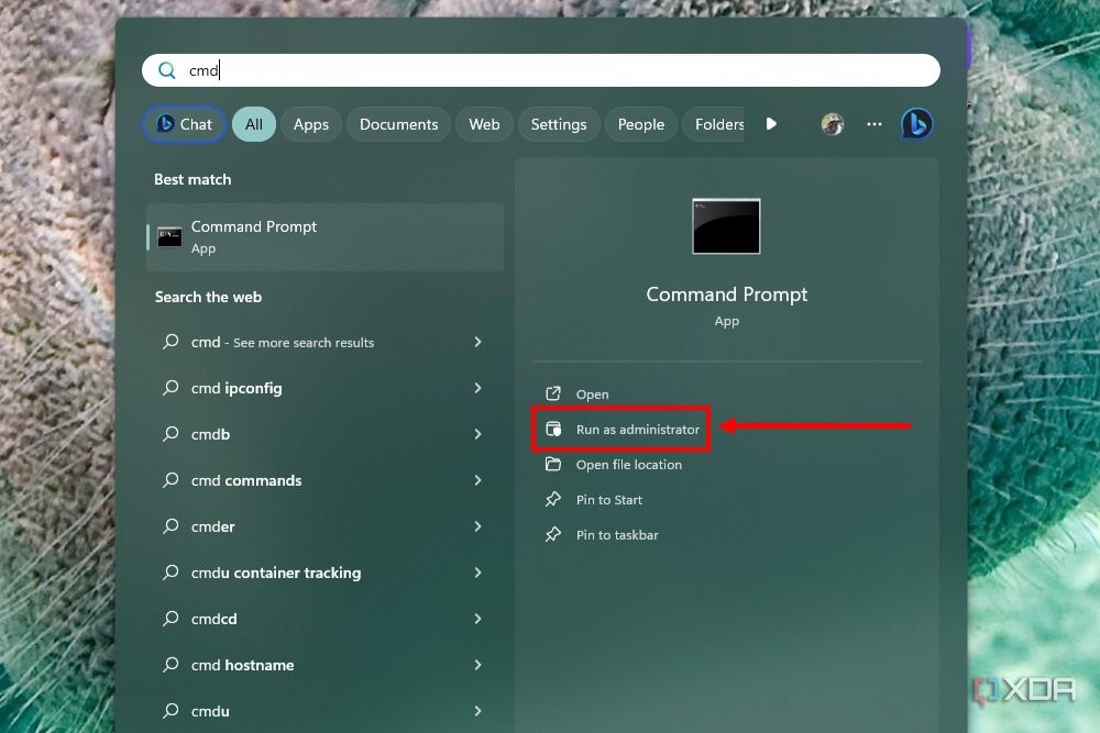 Screenshot of Windows 11 search showing results for Command Prompt with the Run as administrator option highlighted