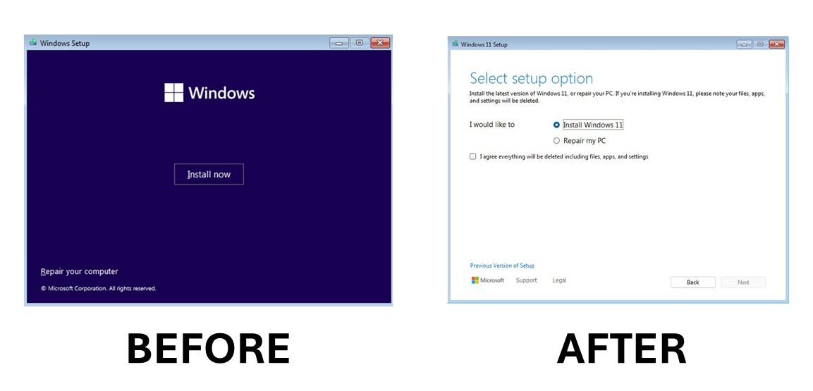 before and after comparison of the Windows setup in Windows 11 build 26040