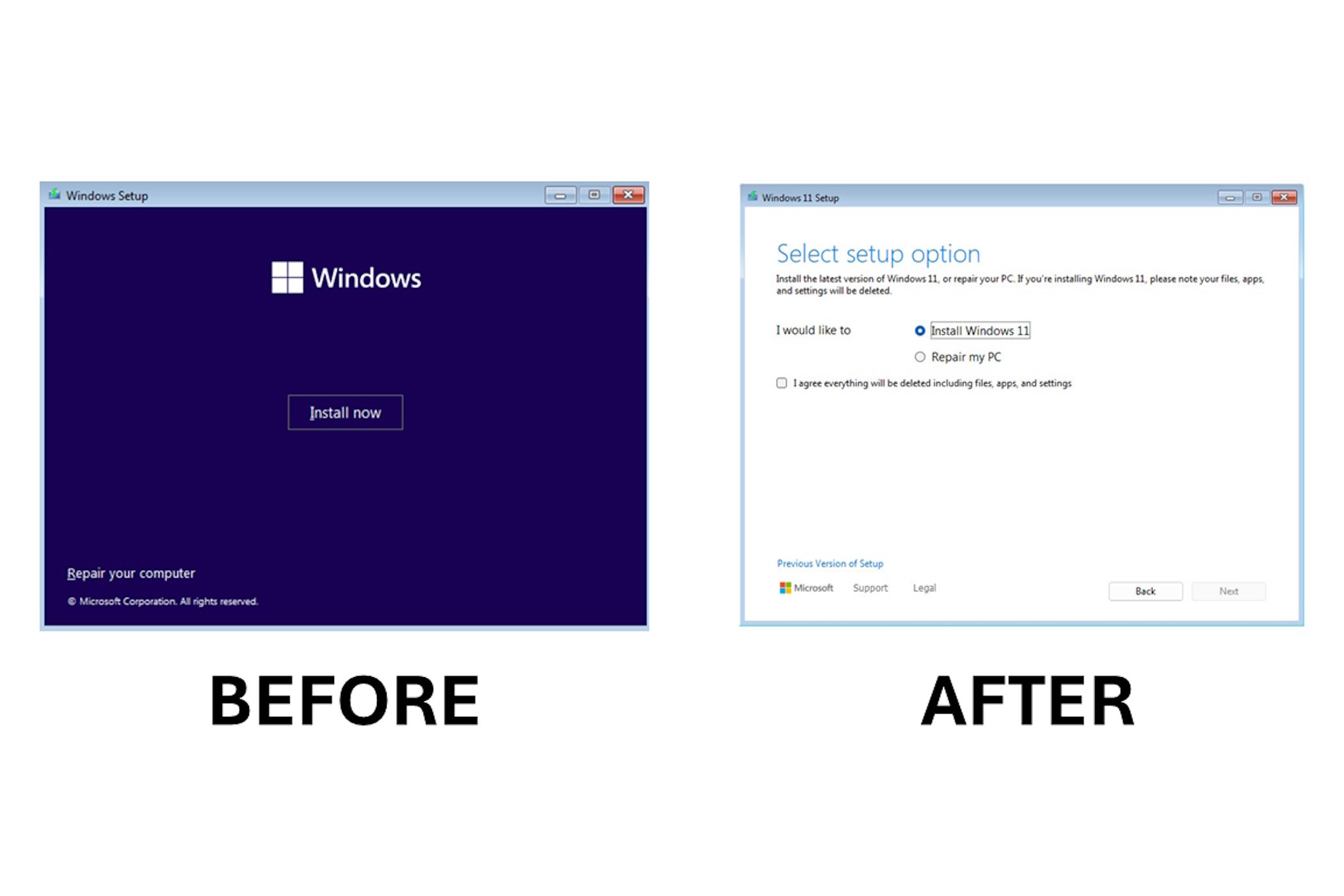 The Windows setup before and after