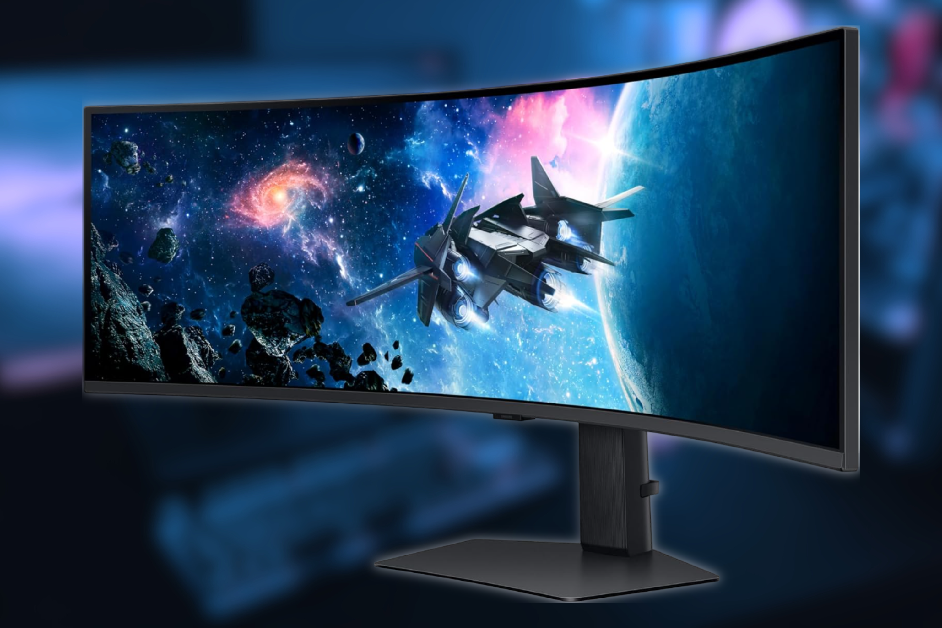 Samsung Odyssey G95c ultrawide gaming monitor  on blurred background 