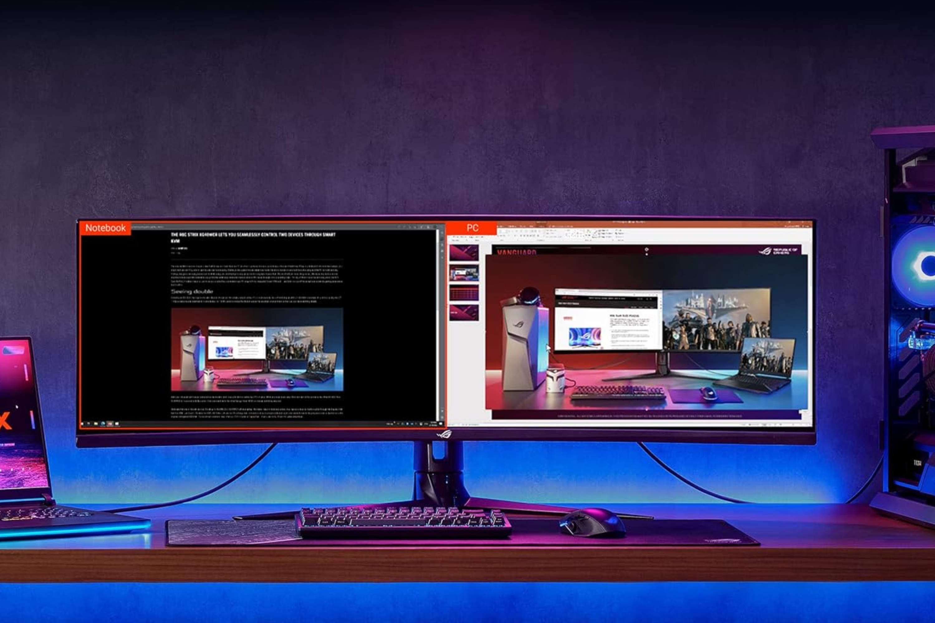 ASUS ROG Strix 49” Ultra-wide Curved HDR Gaming Monitor on table with PC and laptop connected