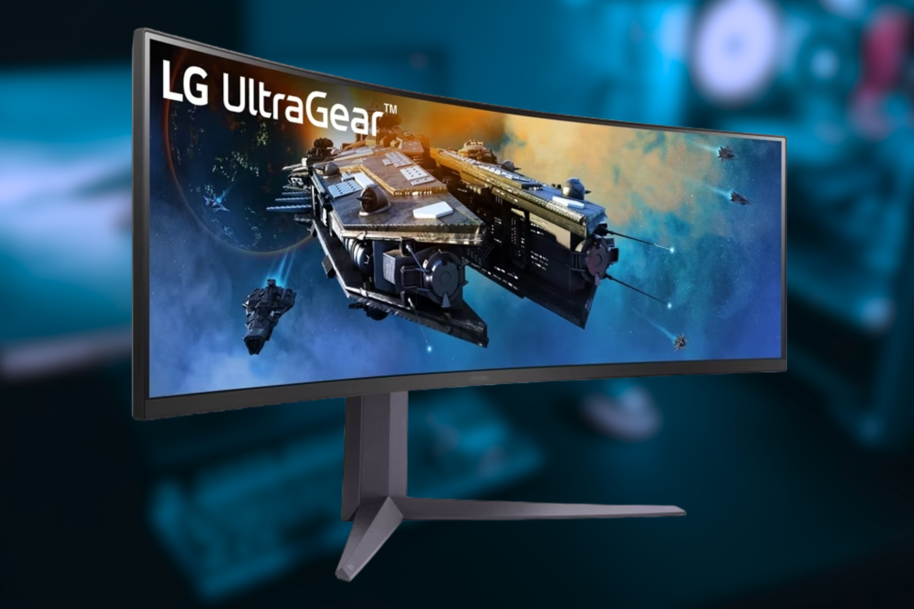 LG 45GR65DC-B gaming monitor on blurred background 