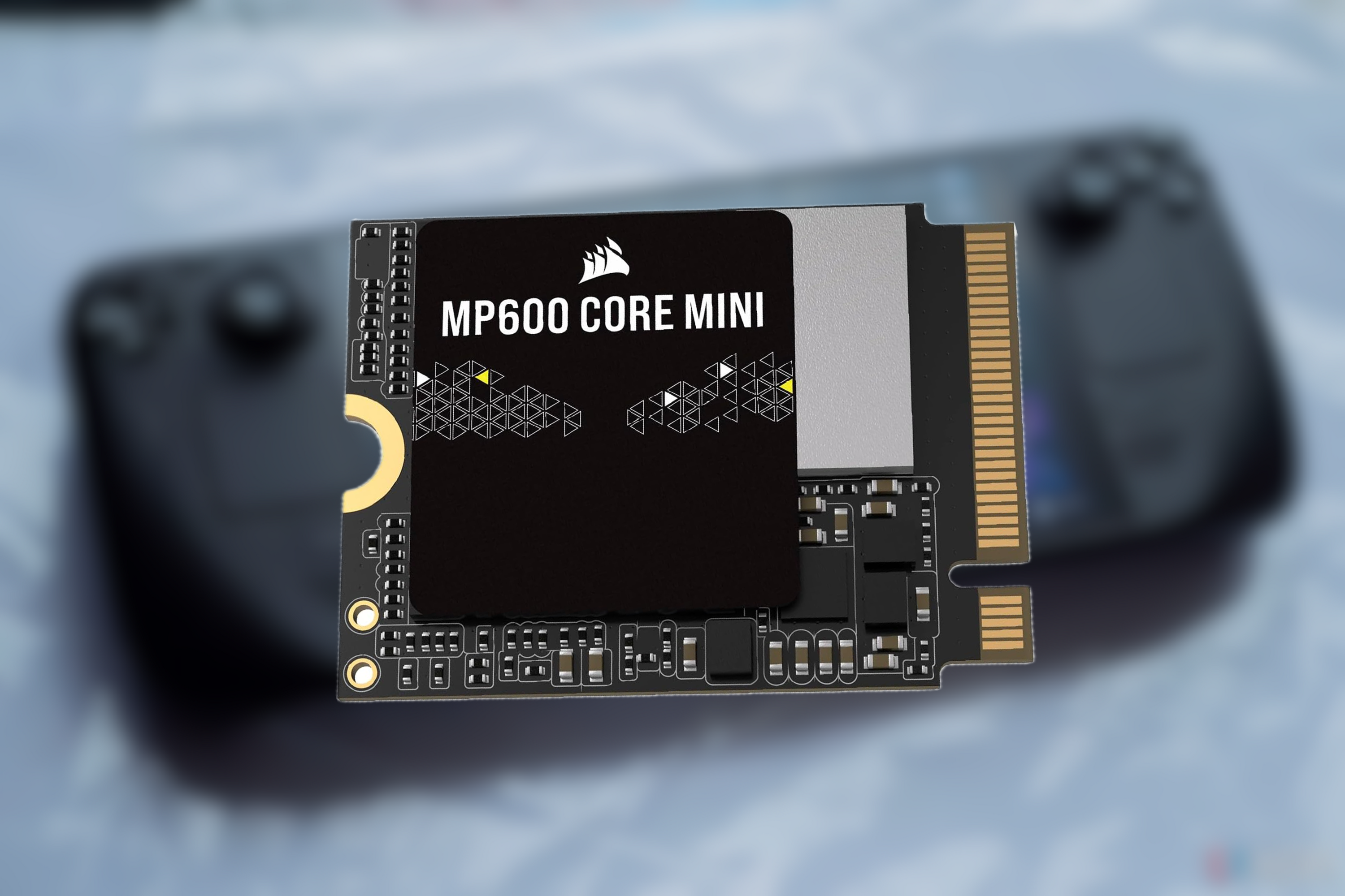 Corsair MP600 Core Mini SSD  on blurred background 