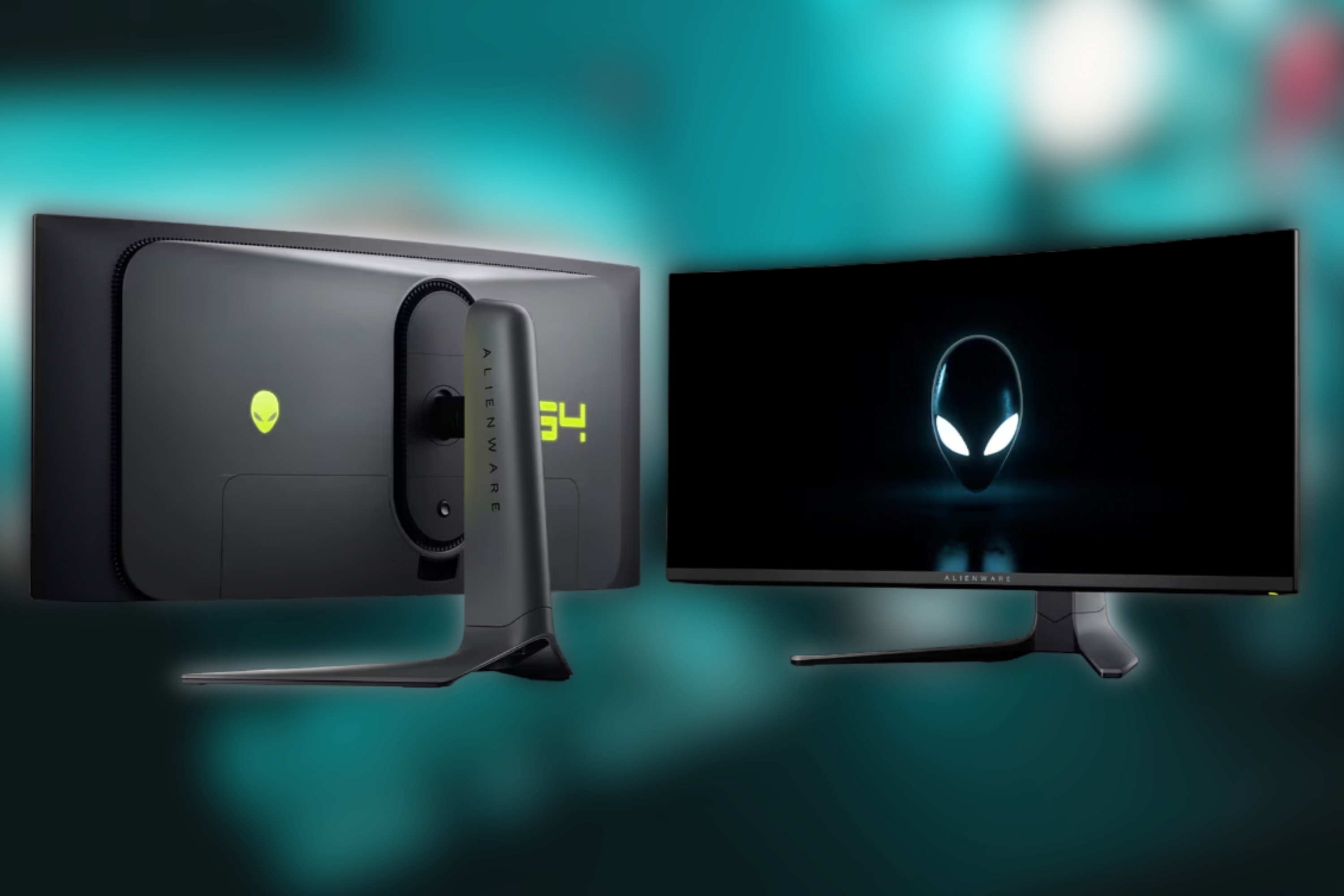 Alienware 34 Curved QD-OLED Gaming Monitor on a cool blue blurred background