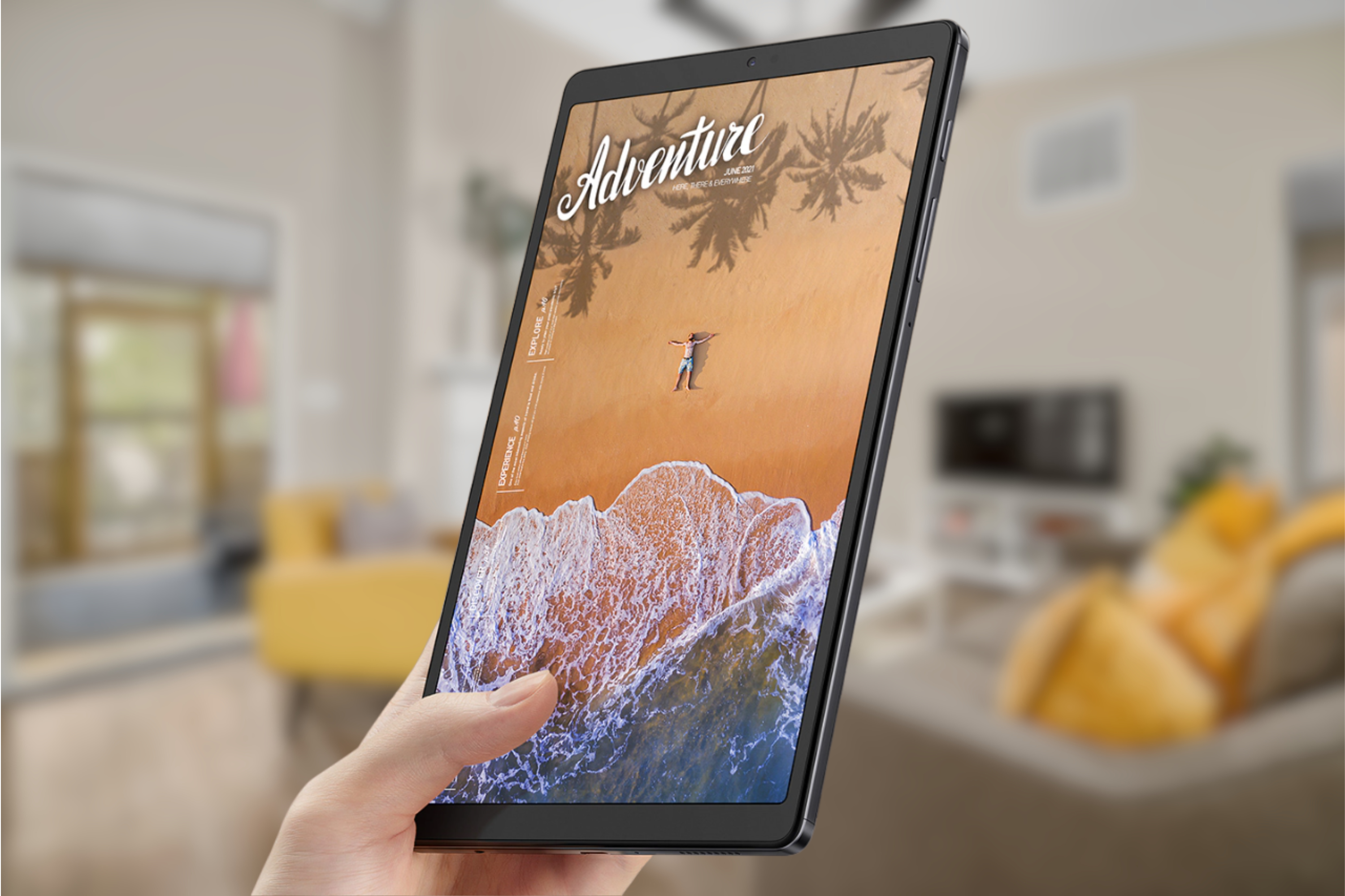 Samsung Galaxy Tab A7 Lite held in front of a living room 