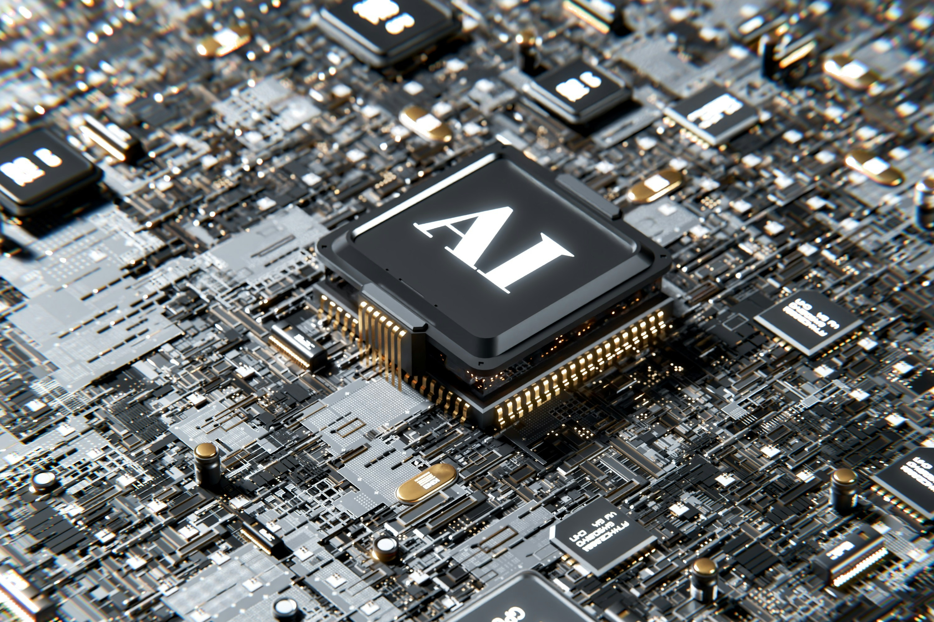 A rendered image of a processor chip on a motherboard, with the word AI on it.
