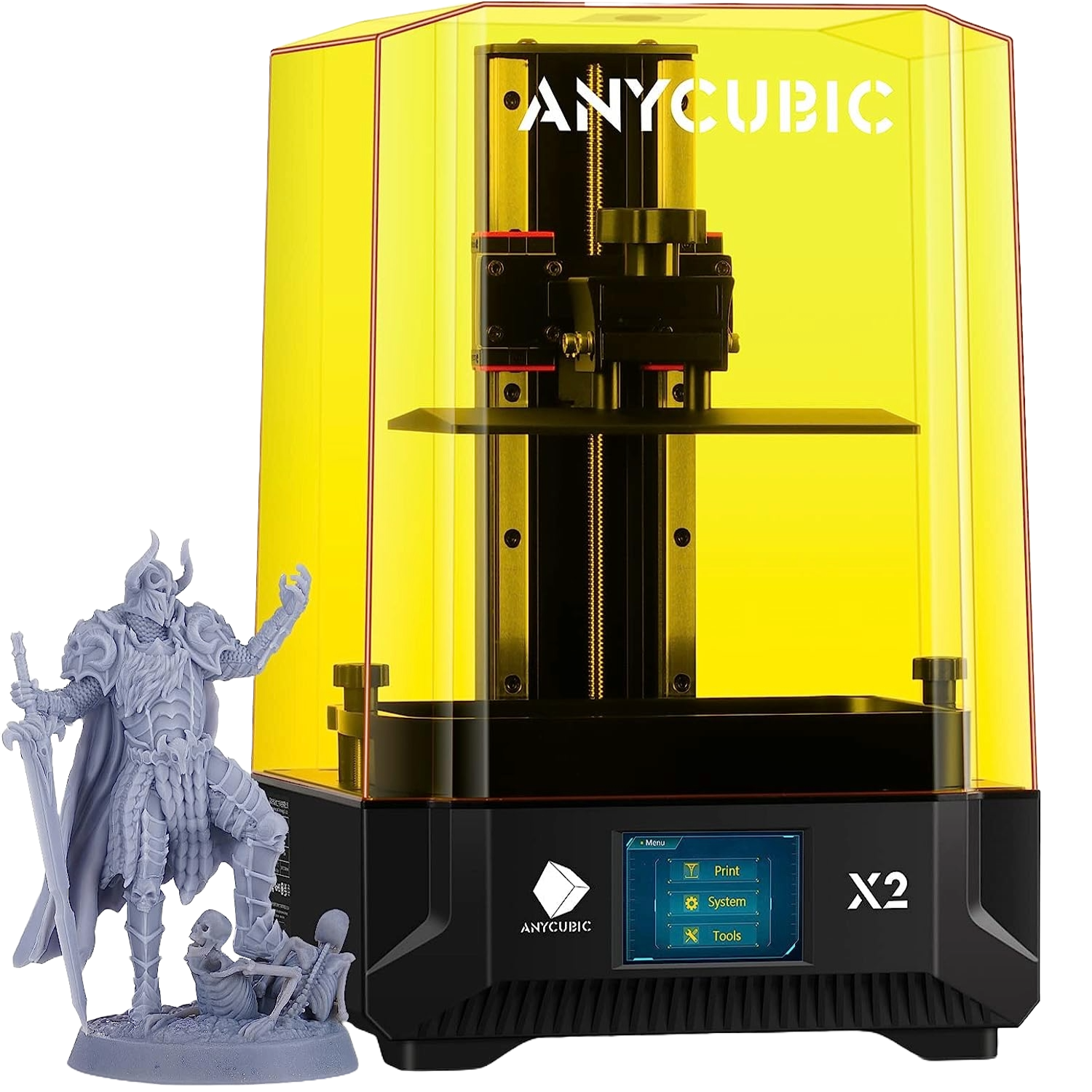 A PNG render of the Anycubic Photon Mono x2 resin printer with a demo print next to it on a transparent background