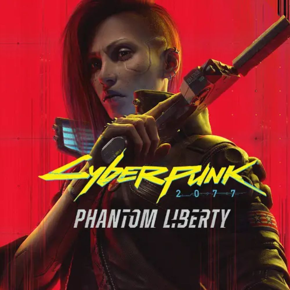 An image showing the Cyberpunk 2077 Phantom Liberty box art with a person holding a pistol.