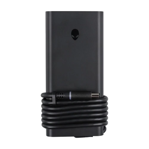 A Dell 7.4 mm barrel 330 W GaN SFF AC Adapter shown with the cable wrapped around it on a transparent background.