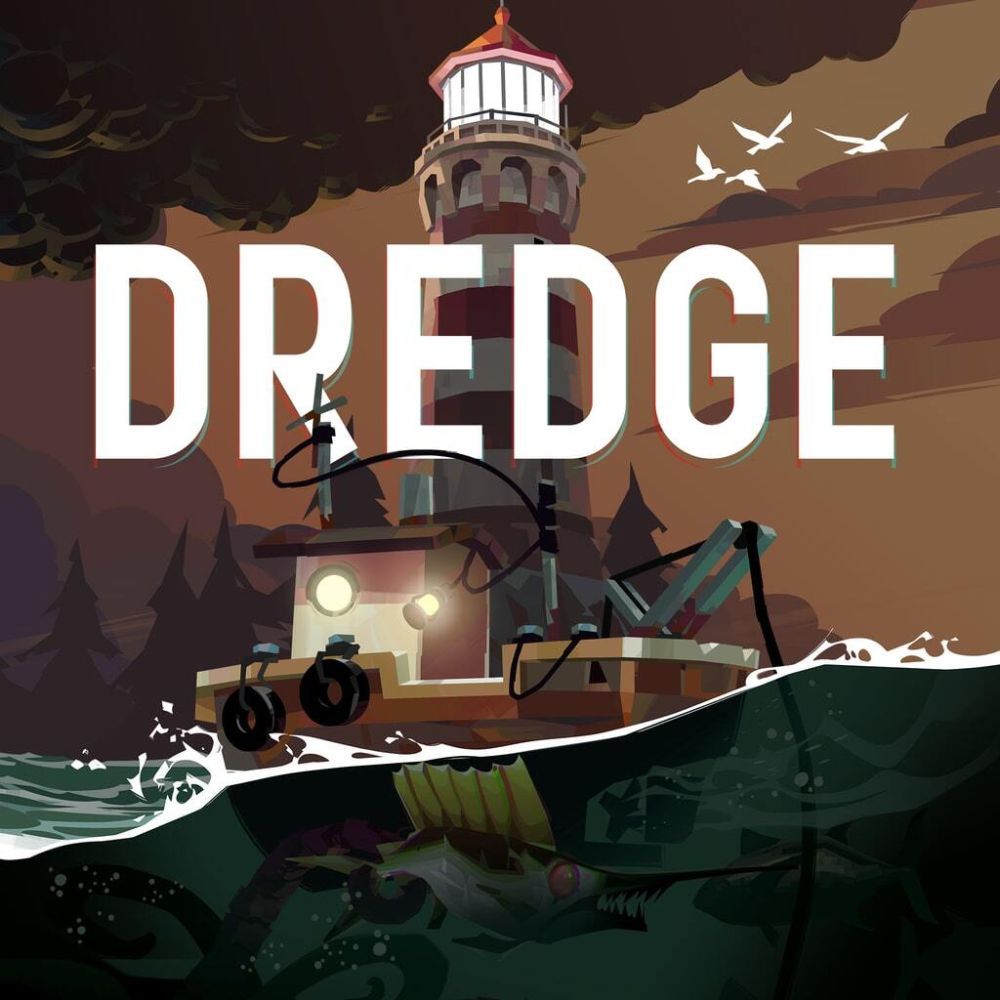 An image showing the box art of Dredge video game with a ship sailing in water next to a lighthouse.