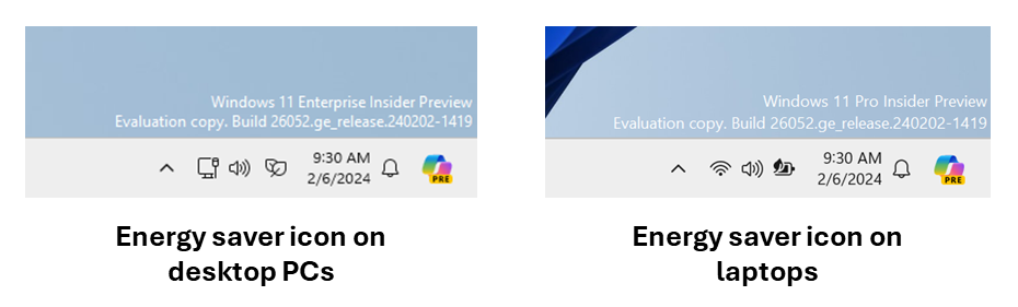Comparação dos ícones de economia de energia em desktops e laptops com Windows 11
