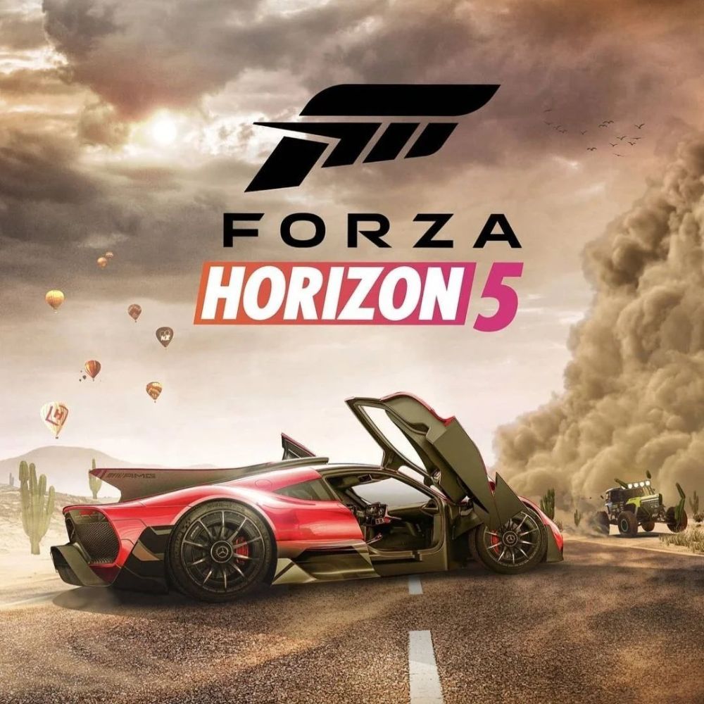 An image showing the box art of the Forza Horizon 5  video game with a sports car standing in the middle of the track surrounded by smoke.
