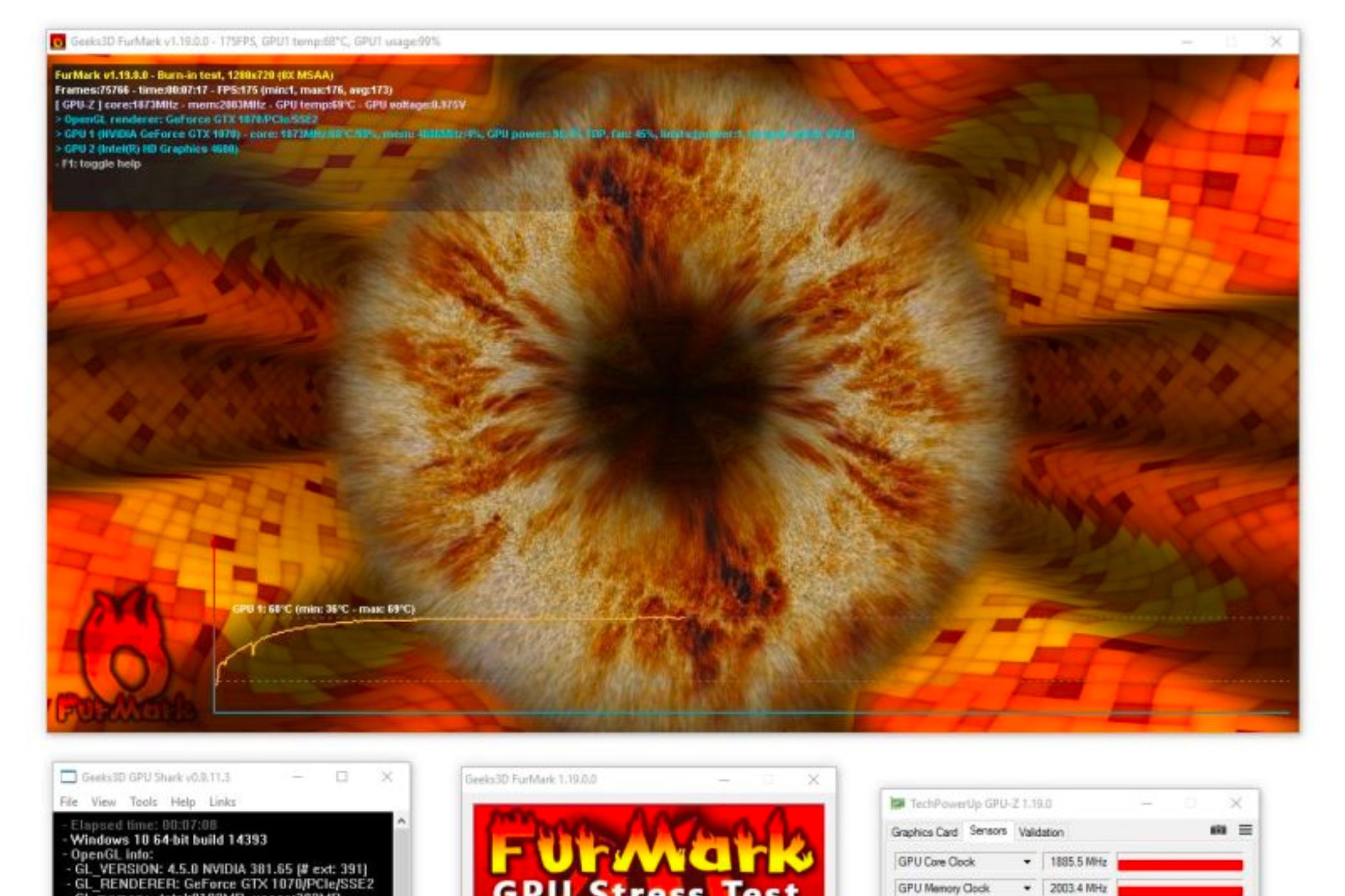 Uma captura de tela mostrando o benchmark FurMark em execução.