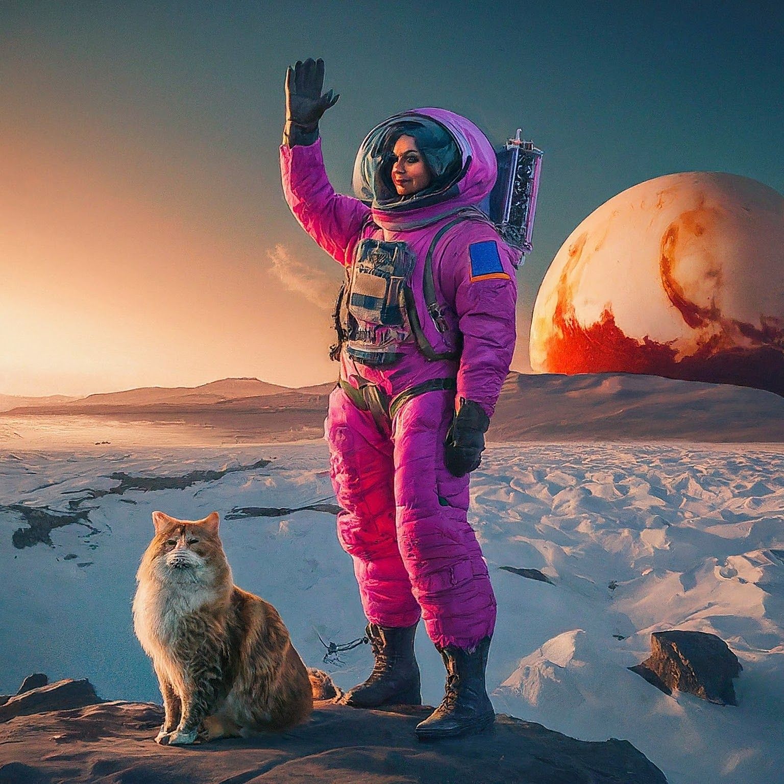 Gato en un planeta con una mujer en traje espacial, generado por Gemini Advanced