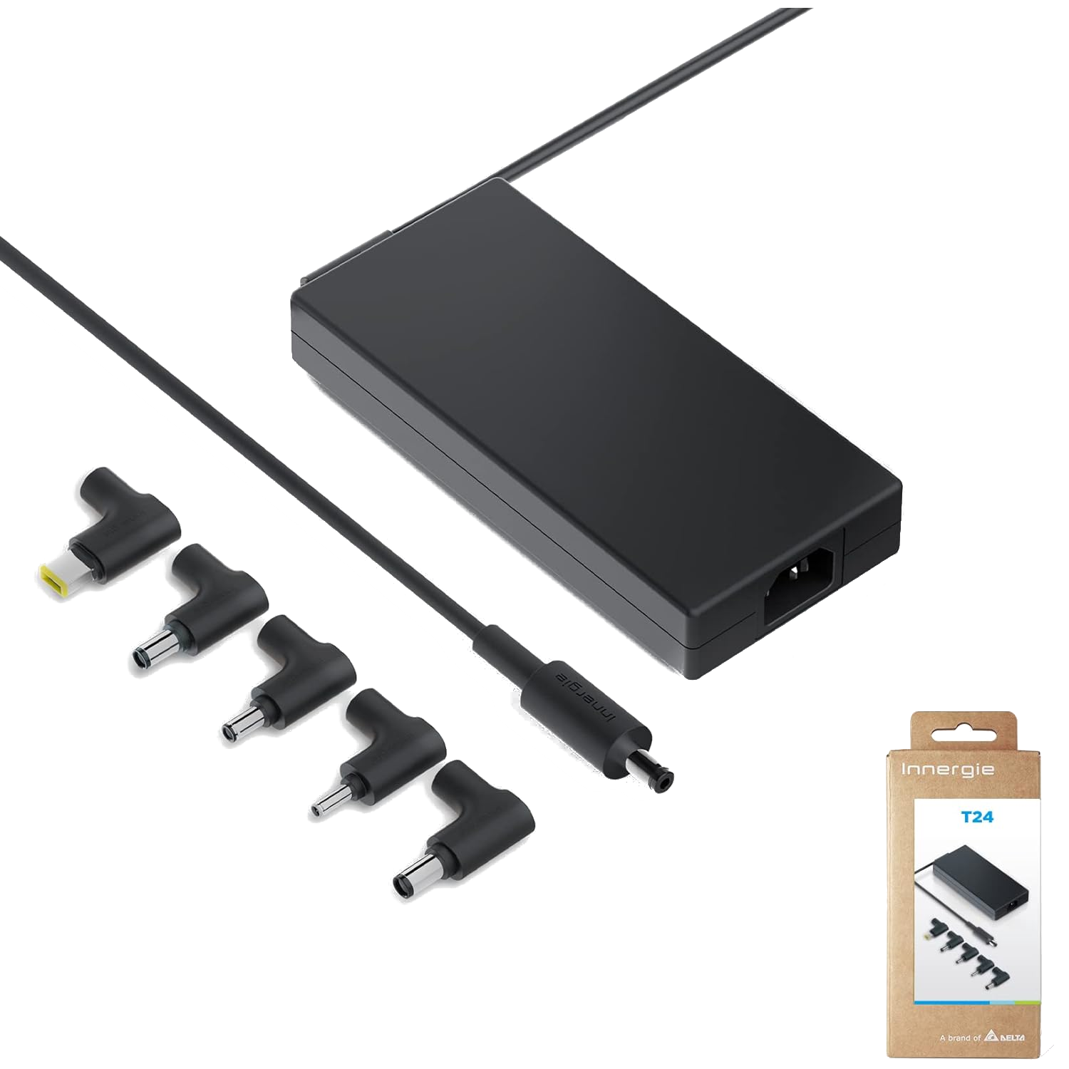 The Innergie T24 240W 230W Universal Gaming Laptop Charger shown on a transparent background with the tips it comes with on its left and the box in the bottom-right corner.