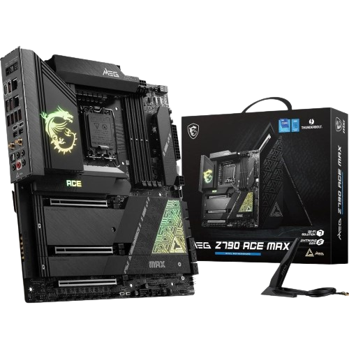 An image showing an MSI MEG Z790 ACE MAX E-ATX motherboard next to its retail box.