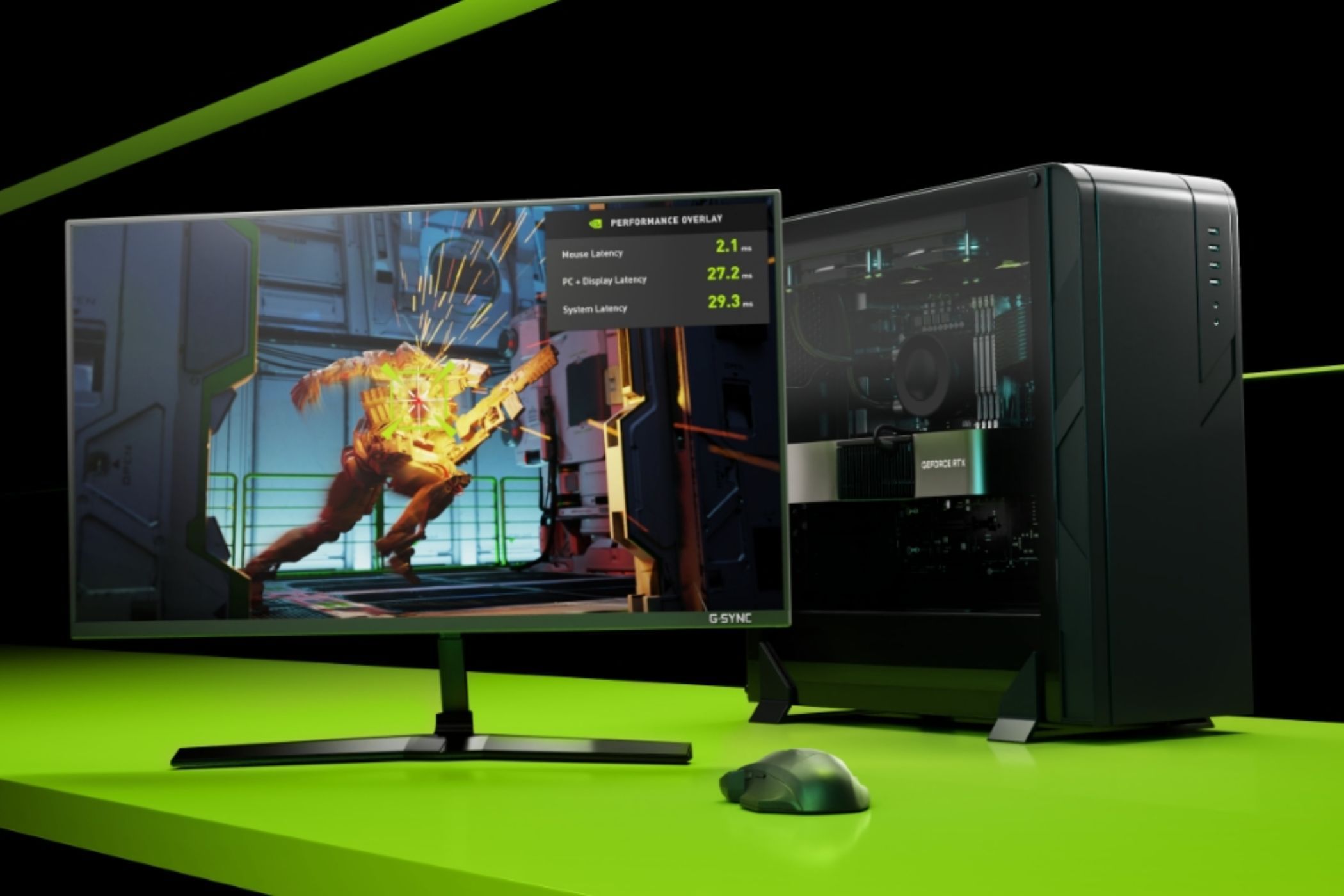 An image showing a PC with Nvidia GPU next to a monitor showing a game and latency stats.