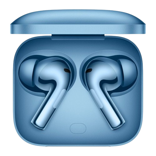 An image showing a pair of OnePlus Buds 3 earbuds sitting inside their charging case in blue color.