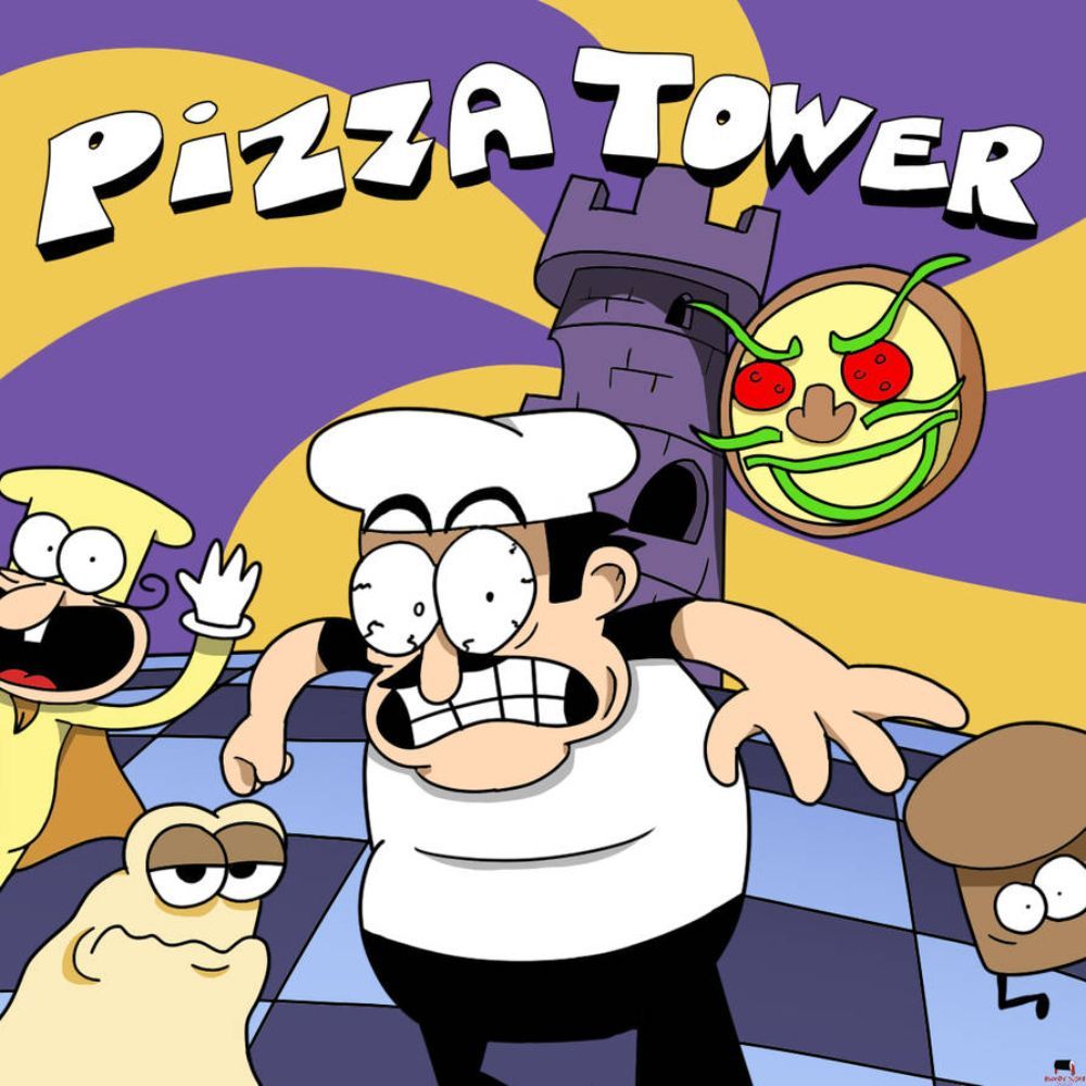 An image showing the box art of Pizza Tower video game with a chef surrounded by friends and foes. 