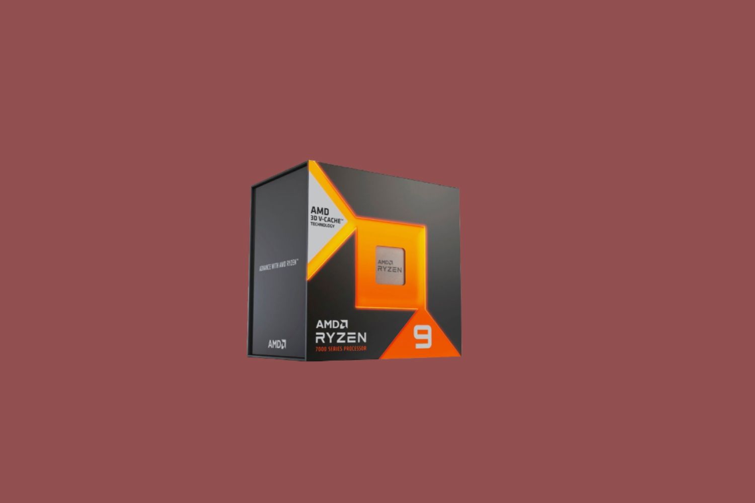 Un renderizado 3D de Ryzen 9 7950X colocado sobre un fondo marrón