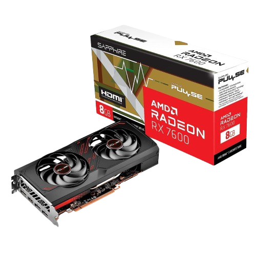 An image showing the Sapphire Radeon RX 7600 Pulse OC graphics card kept next to its retail box.