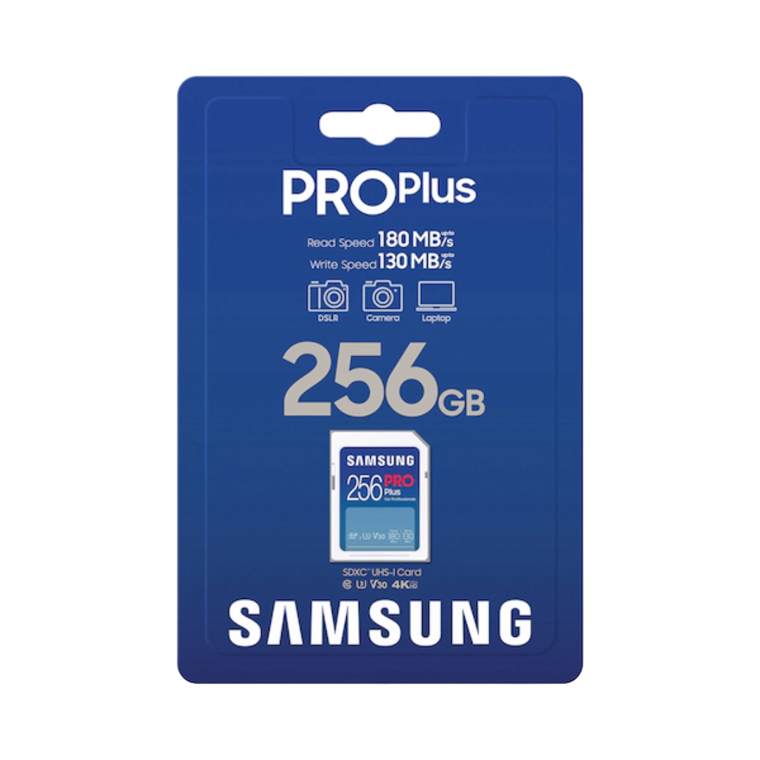A render of the Samsung Pro Plus Full Size SDXC in it's box on a transparent background.