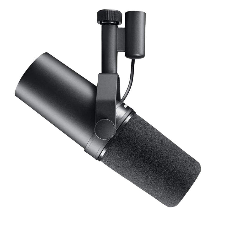 A transparent render of the Shure SM7B microphone