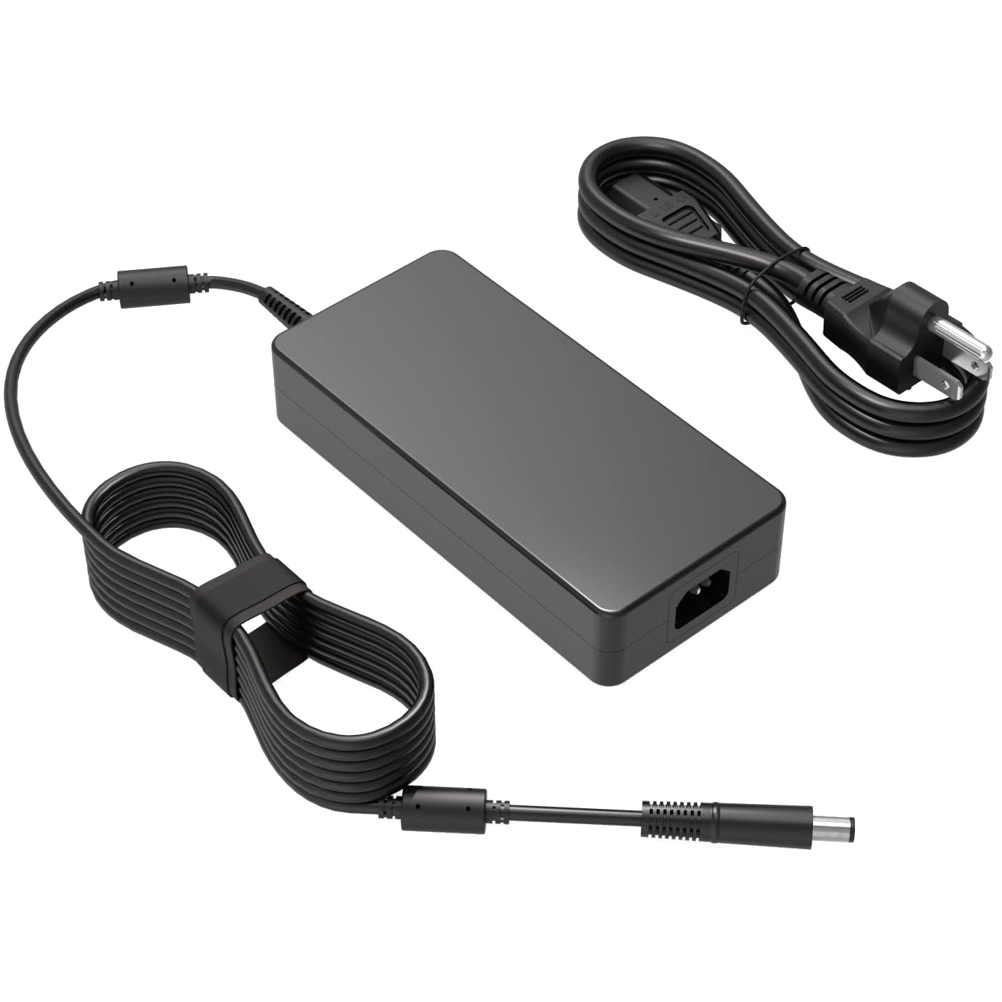 A Superer 330W 240W 280W AC Charger shown on a transparent background with the cables wrapped up next to it on either side of the charger.