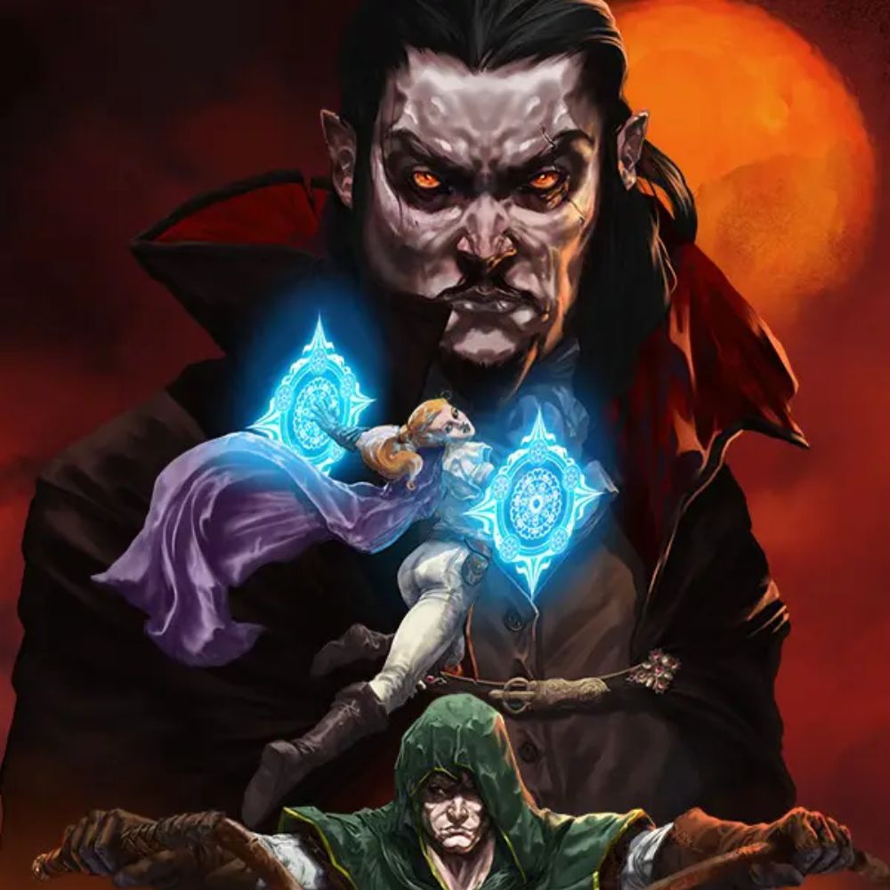 An image showing the box art of Vampire Surviors video game with an image of vampire casting a spell.